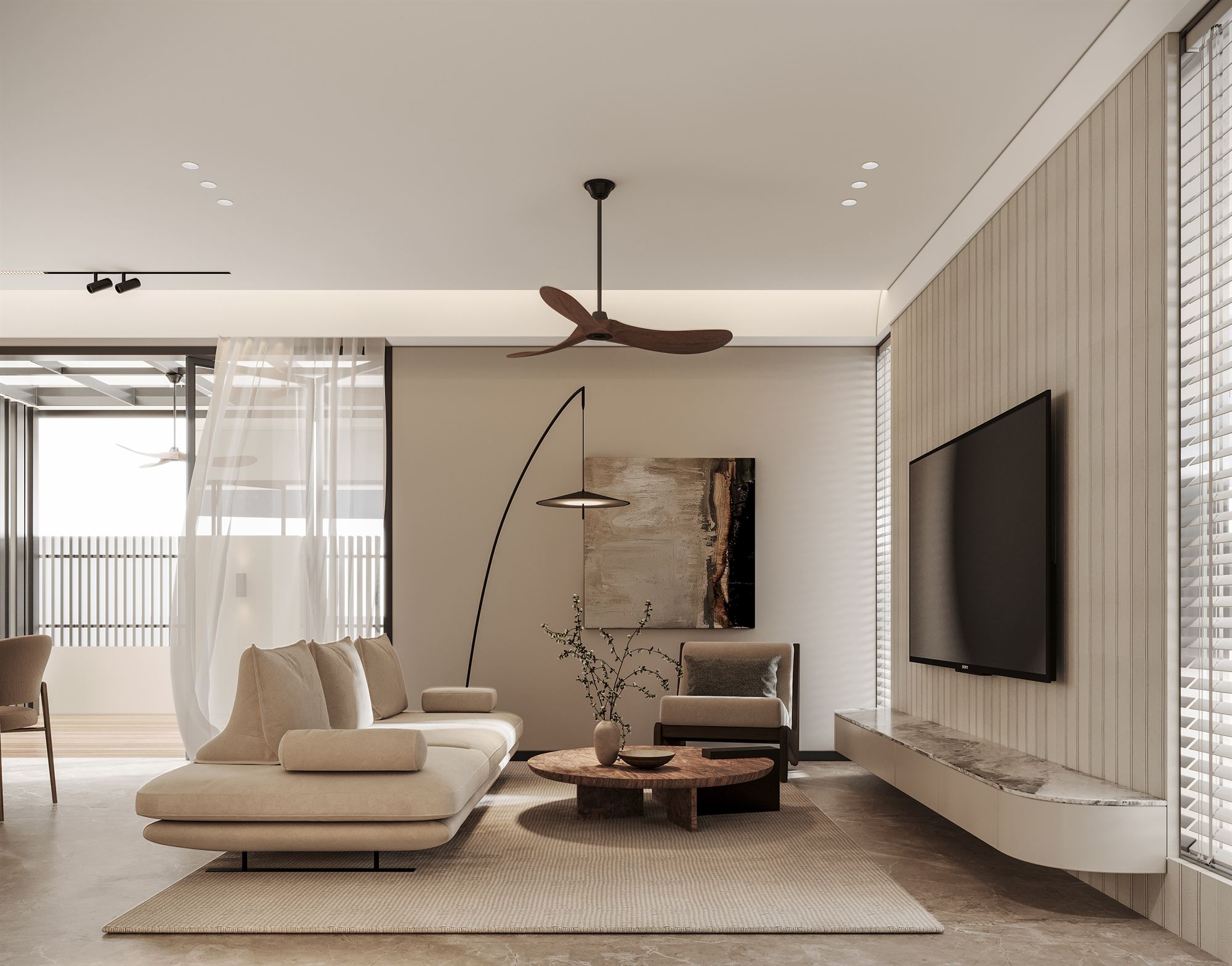 Monde Design 完成的住宅客厅，米色系与原木饰面